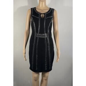 CARMEN MARC VALVO Sheath Dress Womens XS Black Silver Studded Ponte Knit Keyhole